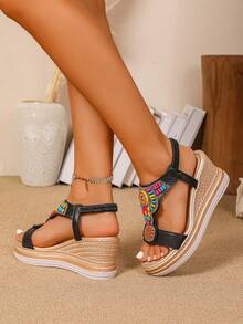 女士纯色波西米亚坡跟凉鞋，高跟厚底罗马弹性水钻露趾沙滩鞋