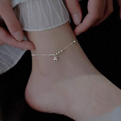 S925 Sterling Silver Round Bell Bell Anklet For Women Simple Light Luxury Versatile Foot Chain Niche Design High-End Foot Jewelry Japanese Korean Style French Elegant Student Elegant Daily Commuting Classic Fashionable Fresh And Beautiful