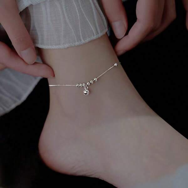 S925 Sterling Silver Round Bell Bell Anklet For Women Simple Light Luxury Versatile Foot Chain Niche Design High-End Foot Jewelry Japanese Korean Style French Elegant Student Elegant Daily Commuting Classic Fashionable Fresh And Beautiful