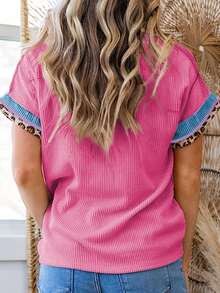 Acelitt Summer Solid Color Patchwork Leopard Print Collar Design Short Sleeve Round Neck T-Shirt Pink Casual - Pink - View 2