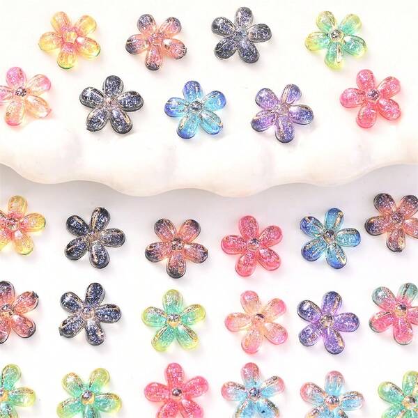 100 piezas de pegatinas de flores de cinco pétalos planas y de color AB, flores de resina pequeñas de 8 mm, decoración de arte de uñas adecuada para accesorios de joyería, manualidades y decoración DIY