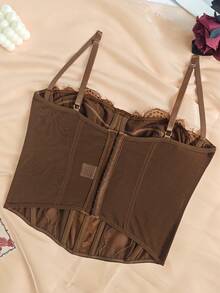 Top tipo corsé con aros y encaje negro Y2K: bustier con varillas y cierre de gancho y ojal en la parte trasera, top corto con tirantes finos de malla transparente. - Marrón - Ver 4