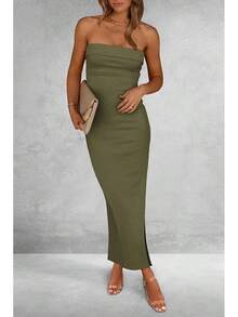 Women's Summer Bodycon Maxi Tube Dress Ribbed Strapless Side Slit Long Going Out Casual Elegant Party DressesHalloween Christmas New Year - 淺軍綠色 - 查看 7