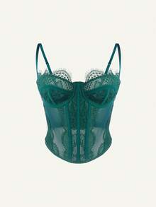 Y2K Lace Underwire Corset Top - Boned Bustier With Rear Hook & Eye Closure, Sheer Mesh Spaghetti Strap Crop Top - Dark Green - View 1