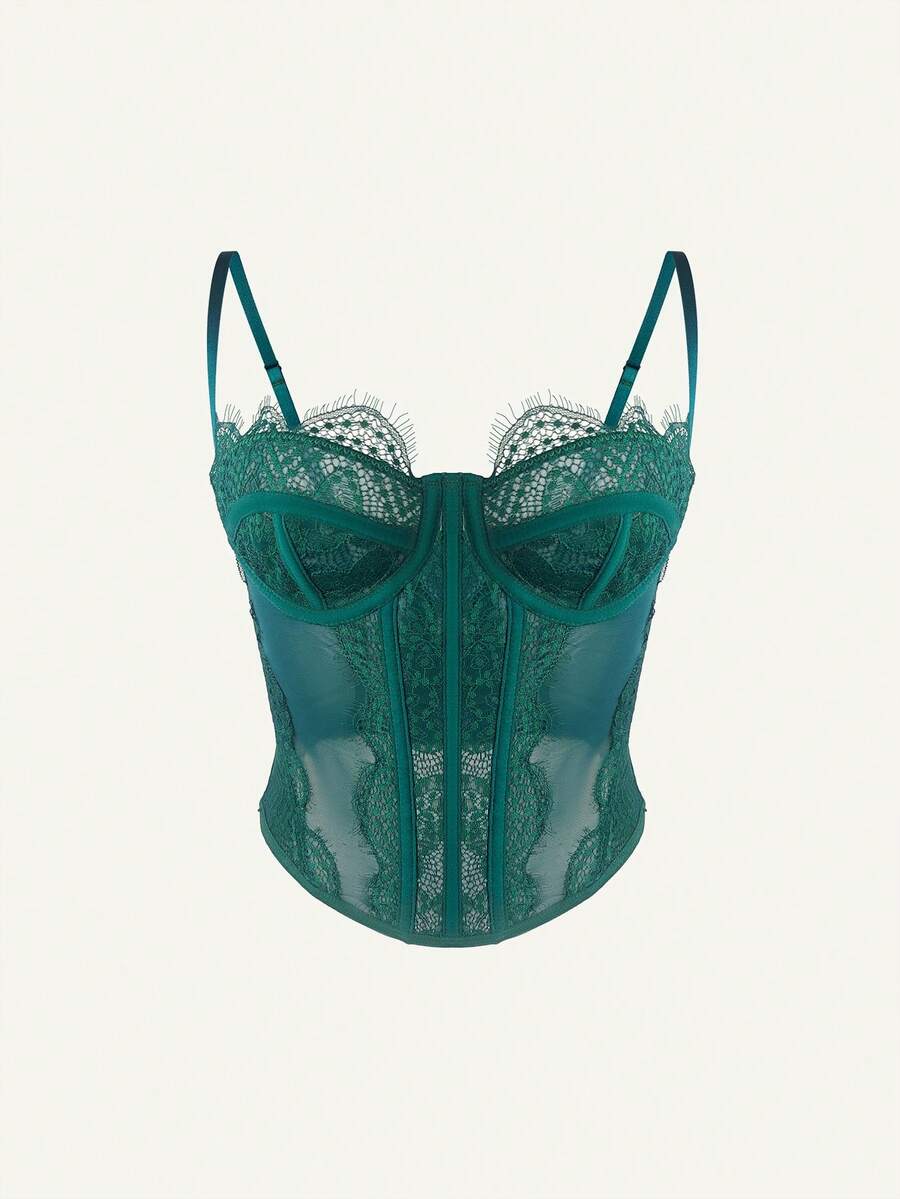 Y2K Lace Underwire Corset Top - Boned Bustier With Rear Hook & Eye Closure, Sheer Mesh Spaghetti Strap Crop Top - Dark Green - View 1