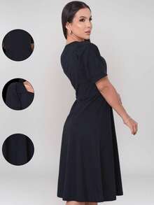 Milimetrica Elegant Loose Pregnancy Women's Midi Dress With Evangelical Princess Sleeves Congregate - 黑色 - 查看 4