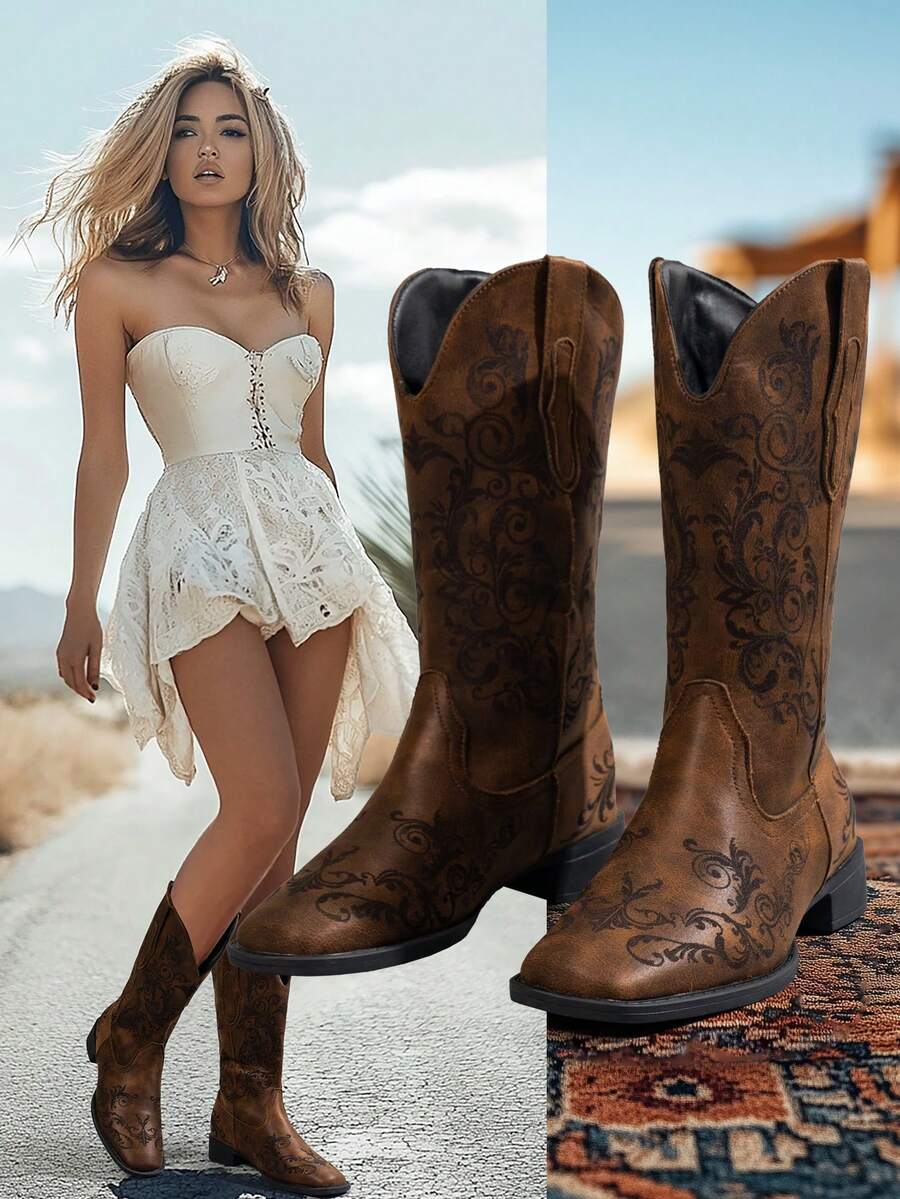 Classic Fashion Women's Laser Cut Mid-Calf Boots, Square Toe Chunky Heel Durable Sole, Breathable Lining Material For Comfortable Wear, Featuring Rustic Western Style, Suitable For Holidays, Travel, Hiking, Cycling - màu nâu - Xem 1
