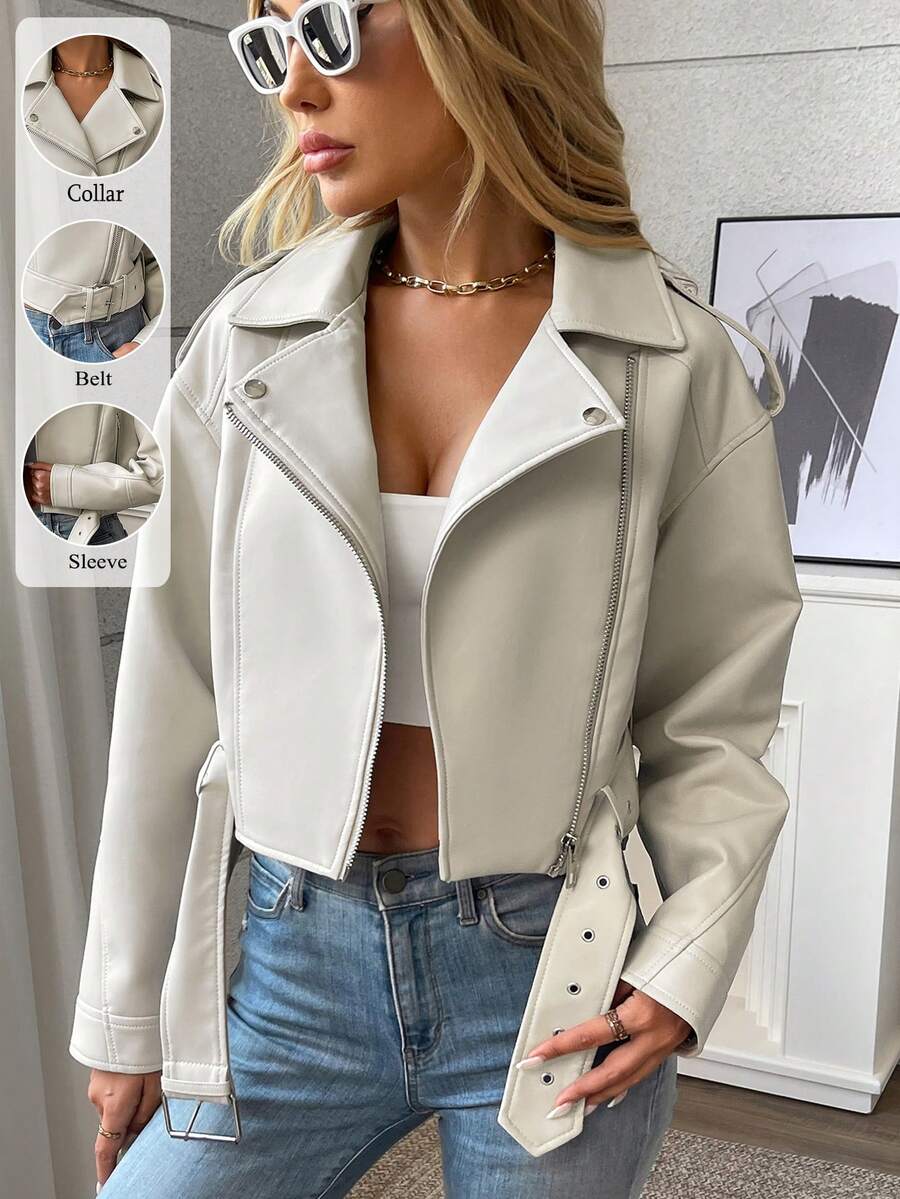 Áo khoác ngắn có khóa kéo đơn giản hàng ngày màu trơn cho nữ