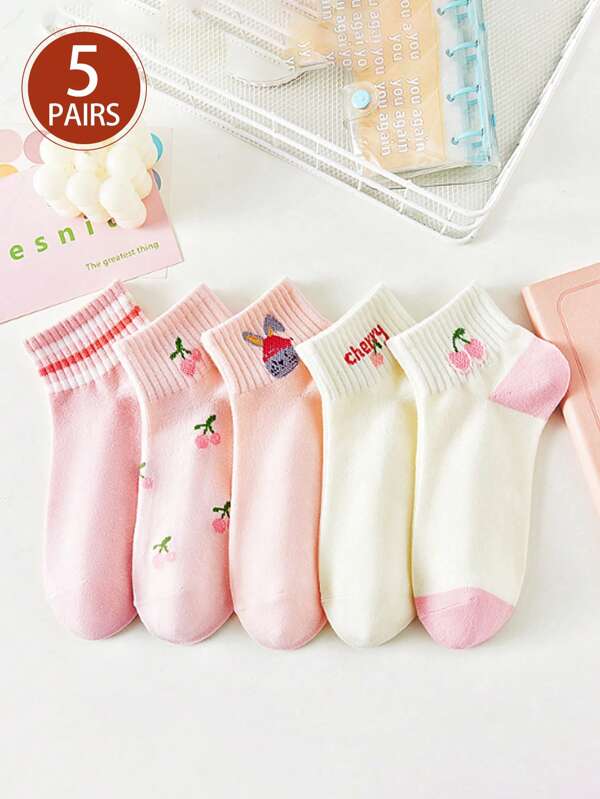 5 أزواج (أسلوب عشوائي) جوارب قصيرة بنمط أرنب كرتوني وكرز وردي للربيع/الصيف، جوارب نسائية منخفضة القطع وبفم ضحل، جوارب قصيرة بسيطة لا تنزلق للاستخدام اليومي