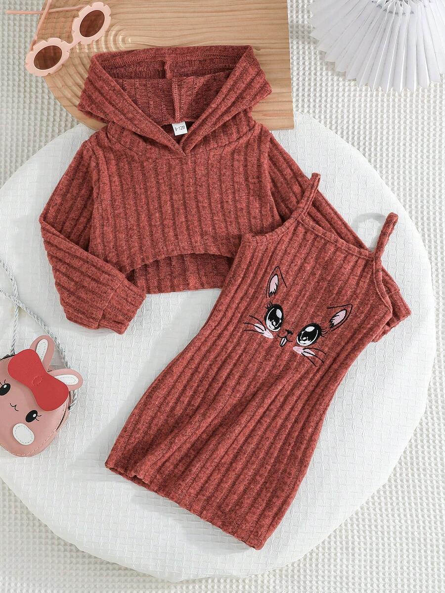 2 件套女婴春秋装,长袖连帽短款上衣搭配可爱猫咪印花休闲连衣裙,2 件套 - 乾枯玫瑰色 - 查看 1
