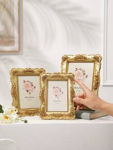 1 件欧式长方形金玫瑰浮雕装饰相框，3D 玫瑰图案图片展示框，适合家庭照片展示和摄影装饰 - 金色 - 查看 12