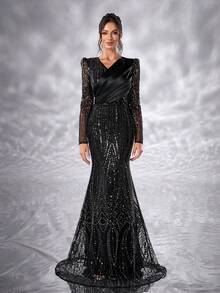 YISIKADO Women Mesh Contrast Pleated Satin Luxury Sequin Evening Dress Formal Dress V Neck Long Sleeve Elegant Wedding Guest Dress, For Graduation, Banquet Dinner Ceremony Celebration Ceremonial Dress - 黑色 - 查看 4