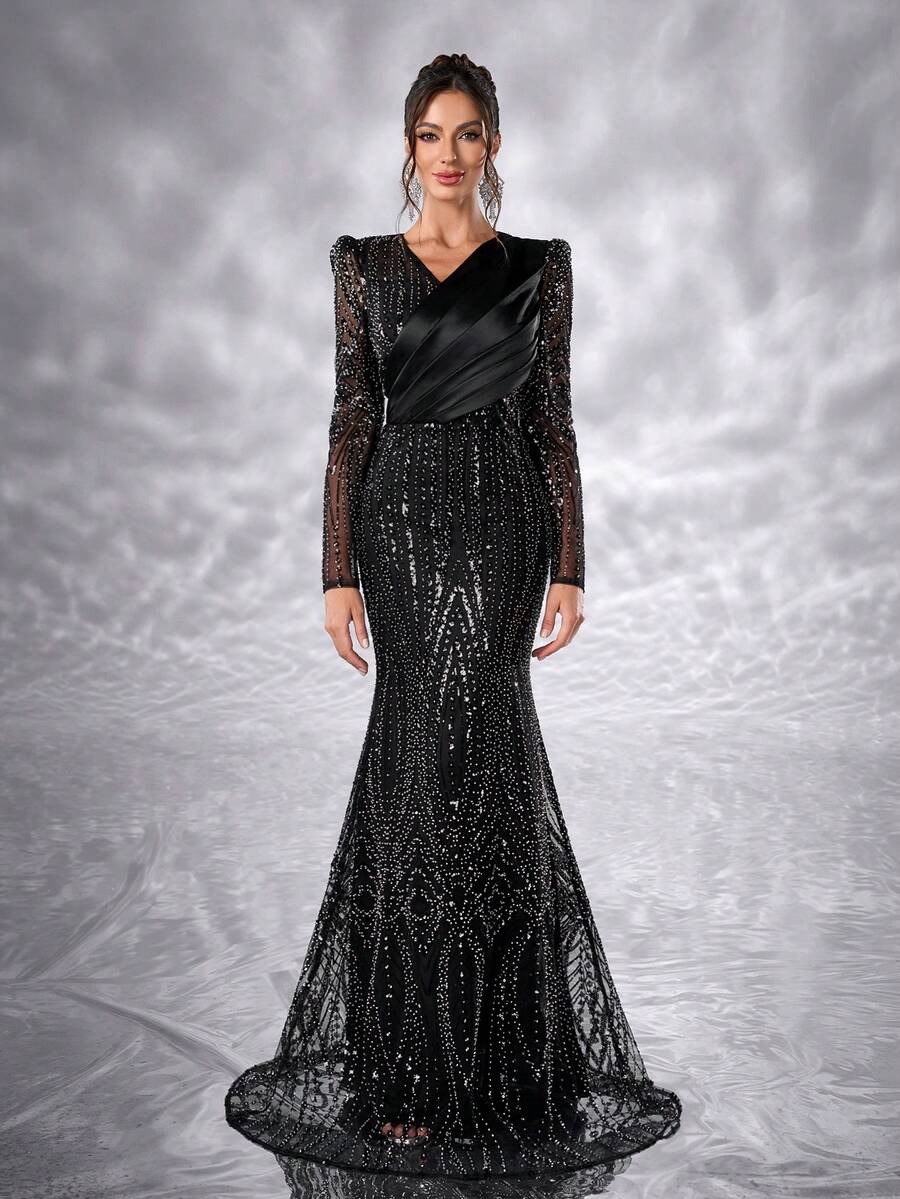 YISIKADO Đầm dạ hội sang trọng bằng vải satin xếp ly phối lưới tương phản đính sequin, cổ chữ V, tay dài, thanh lịch dành cho nữ, thích hợp dự tiệc cưới, lễ tốt nghiệp, tiệc chiêu đãi, lễ kỷ niệm, tiệc mùa xuân.