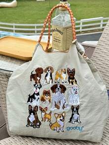 新款时尚女士尼龙手提包，饰有精致的狗狗刺绣图案，无肩带