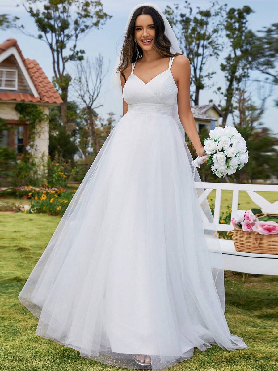 EVERPRETTY Robe de mariée avec laçage croisé sans dos en dentelle et tulle