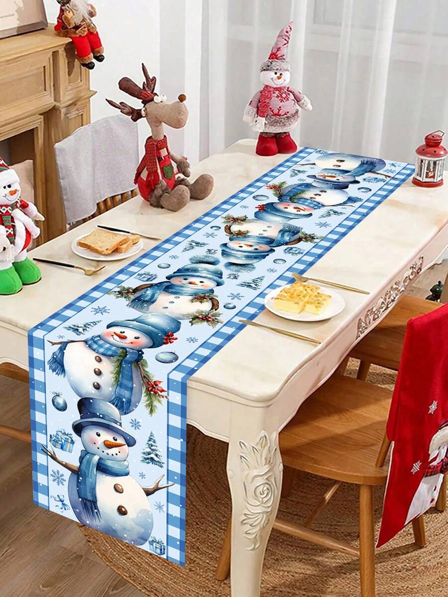 1pc 35x180cm Christmas Polyester Tablecloth, Vintage Blue Polyester Tablecloth, Snowman Pattern Decorative Tablecloth, Reusable, Home Decor Fabric For Holiday Family Gathering, Dining Table, Coffee Table Celebration Necessity - Multicolor - View 1