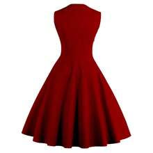 Vestido de mujer estilo vintage rockabilly de los años 50: sin mangas, con cuello en pico, estampado de lunares y floral, ideal para cócteles. - Rojo - Ver 6