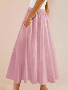 Womens A-Line Midi Skirt Elastic High Waist Pleated Flowy Swing Casual Long Skirt With Pocket - Baby Pink - View 3