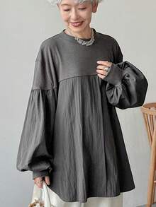 FRIFUL Women's Loose Fit Splice Bottom Contrast Color T-Shirt,Fall Women Clothes Long Sleeve Top - Dark Grey - View 1