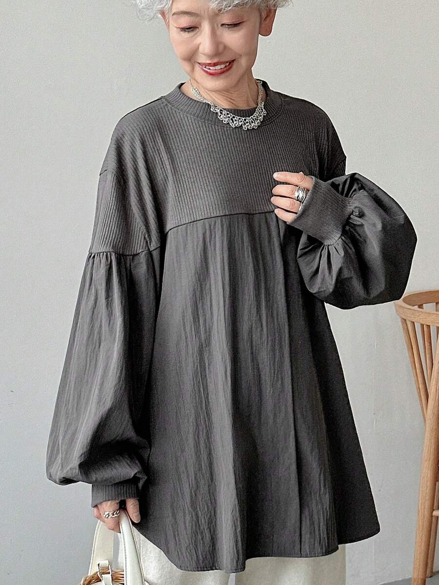 FRIFUL Women's Loose Fit Splice Bottom Contrast Color T-Shirt,Fall Women Clothes Long Sleeve Top - Dark Grey - View 1