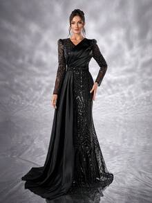 YISIKADO Women Mesh Contrast Pleated Satin Luxury Sequin Evening Dress Formal Dress V Neck Long Sleeve Elegant Wedding Guest Dress, For Graduation, Banquet Dinner Ceremony Celebration Ceremonial Dress - 黑色 - 查看 1
