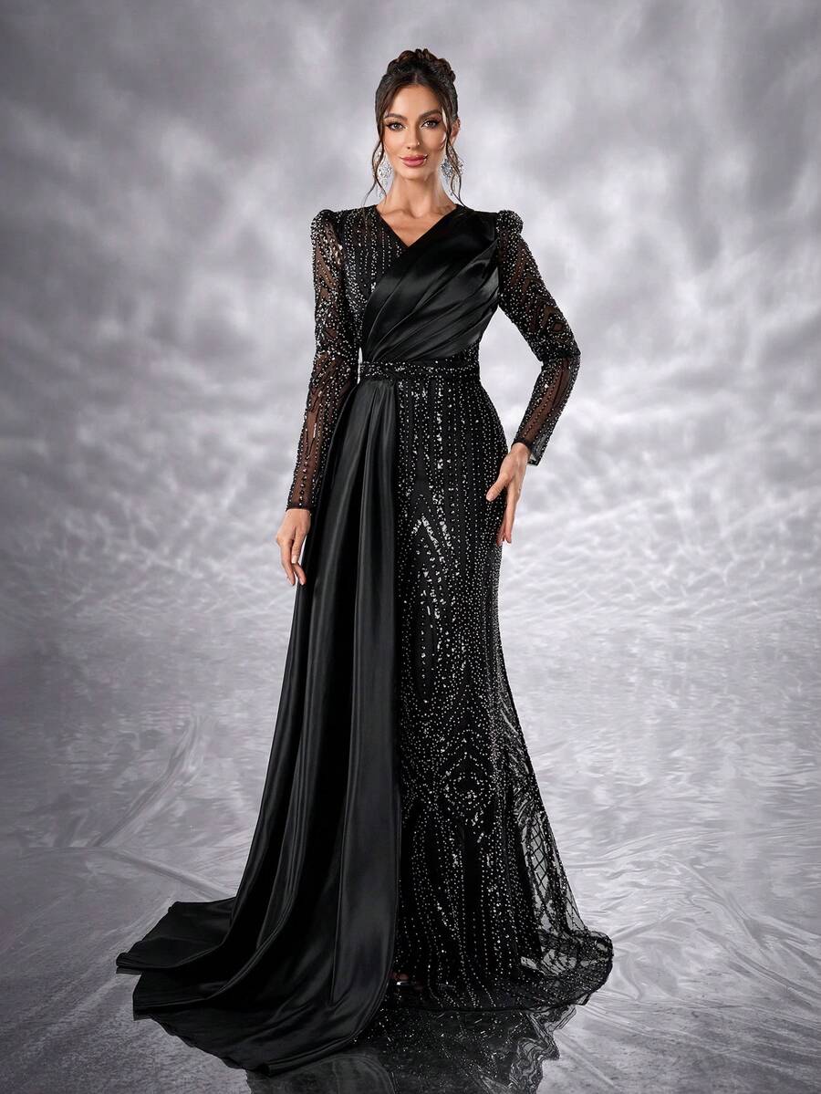 YISIKADO Women Mesh Contrast Pleated Satin Luxury Sequin Evening Dress Formal Dress V Neck Long Sleeve Elegant Wedding Guest Dress, For Graduation, Banquet Dinner Ceremony Celebration Ceremonial Dress - 黑色 - 查看 1