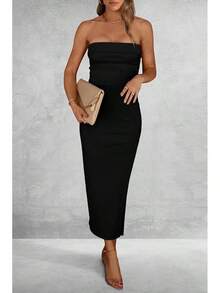 Women's Summer Bodycon Maxi Tube Dress Ribbed Strapless Side Slit Long Going Out Casual Elegant Party DressesHalloween Christmas New Year - 黑色 - 查看 7