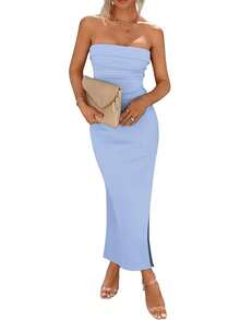 Women's Summer Bodycon Maxi Tube Dress Ribbed Strapless Side Slit Long Going Out Casual Elegant Party DressesHalloween Christmas New Year - 淺藍色 - 查看 1