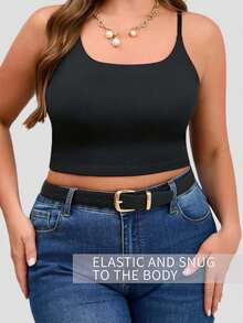 1pc Plus Size Camisole Tank Top, 2-In-1 With Built-In Cup Pad, Backless Sexy Layering Top, Versatile Sleeveless Blouse For Women, Suitable For All Seasons Sports - Black - View 4