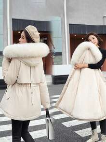 Parka de felpa con cordón en la cintura y capucha con cremallera, cálida chaqueta de invierno para mujer - Blanco - Ver 2