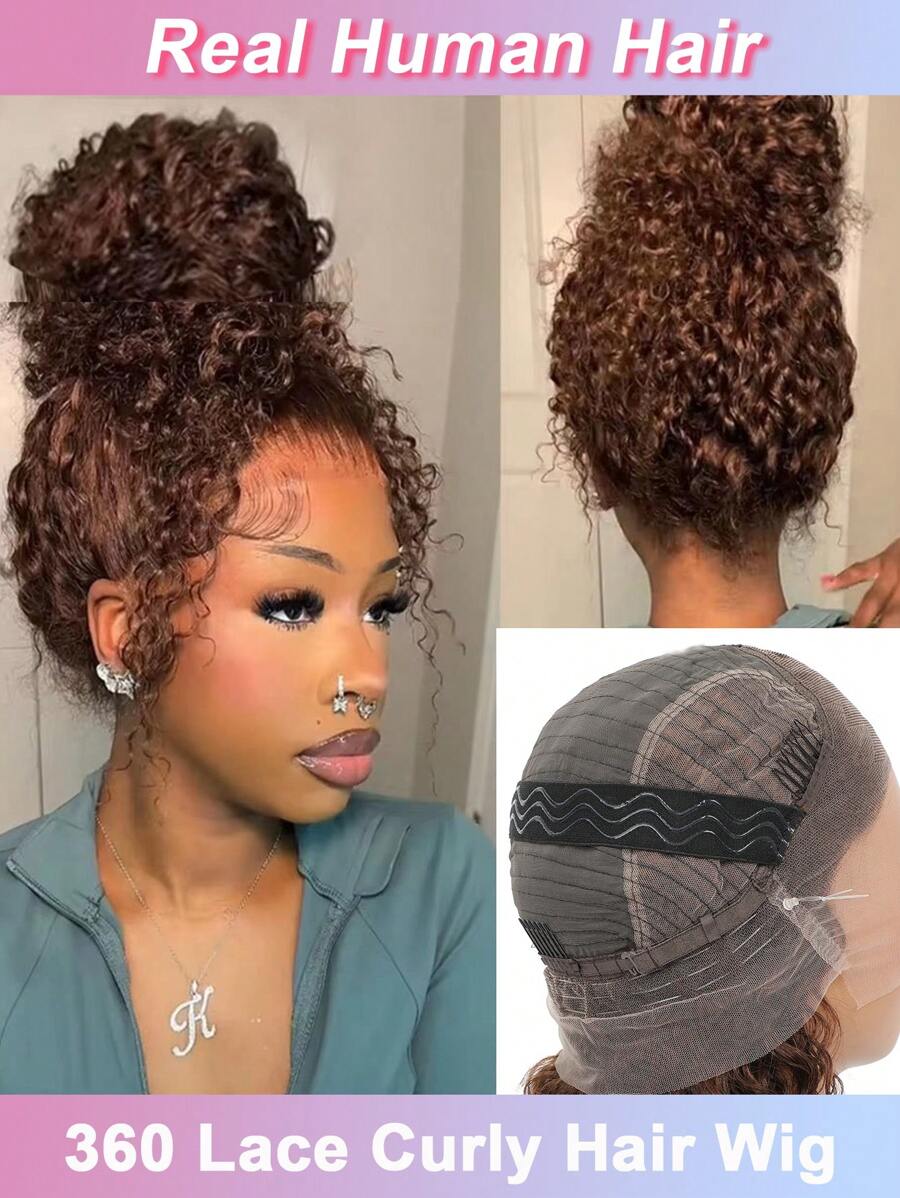 38 英寸杰瑞卷曲巧克力棕色 360 度蕾丝前假发，真人发质透明蕾丝，预拔婴儿发质，360 度全蕾丝前假发，真人发质巴西处女卷发，适合女士