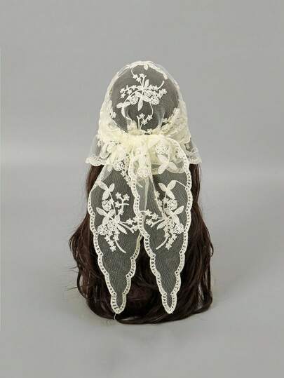 1pc Elegant Lace Headband - Vintage Triangle Headband, Floral Pattern, Knitted Fabric, Retro Style, Suitable For Weddings And Formal Occasions, Bridal Hair Accessory, European And American Bride Lace Floral Triangle Scarf, New Spring/Summer Solid Black And White Headscarf, Wedding Lace Headpiece, Women's Headband, Cycling Sweatband, Autumn Accessory, Autumn/Winter Holiday Costume Headband