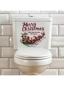 1张厕所贴纸，圣诞老人麋鹿图案，英文风格，PVC材质，可移除自粘，易撕，适用于厕所装饰、浴室厕所、卫生间，美化装饰贴纸，家居装饰，让您的生活焕然一新，节日装饰贴纸，生日毕业礼物，房间装饰，卧室装饰，厨房装饰，墙贴，墙面装饰，圣诞装饰，家居装饰 - 彩色 - 查看 1