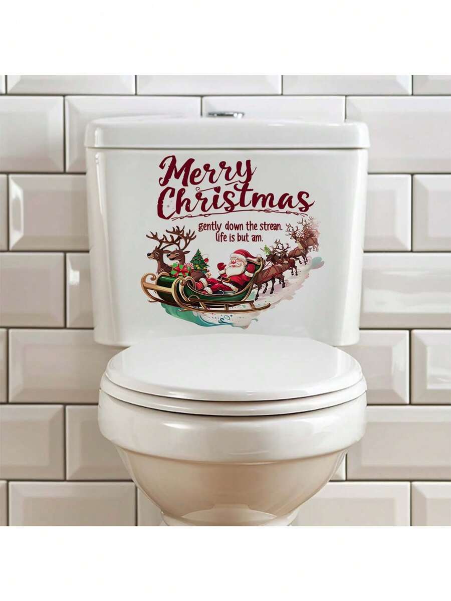 1张厕所贴纸，圣诞老人麋鹿图案，英文风格，PVC材质，可移除自粘，易撕，适用于厕所装饰、浴室厕所、卫生间，美化装饰贴纸，家居装饰，让您的生活焕然一新，节日装饰贴纸，生日毕业礼物，房间装饰，卧室装饰，厨房装饰，墙贴，墙面装饰，圣诞装饰，家居装饰 - 彩色 - 查看 1