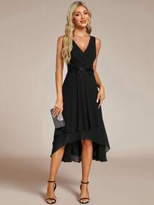 EVERPRETTY Elegant Autumn V-Neck Embroidered Applique Pleated Chiffon Black Bridesmaid Dress, Semi-Formal Wedding Guest Dress - Black - View 5