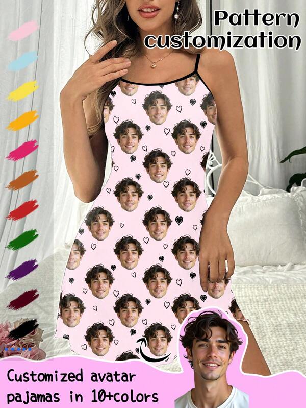 Personalized Sleepwear Camisole Dress, Custom With Human, Child Or Pet Portraits, Cartoon, Or Festive Designs, Great For Holiday Gifts,Dawg,Colorful,Cute,Adorable,Contracted,Funny,Custom,Unique,Customized,Personalized,Ideal Gifts For Him,Ideal Gifts For Her,Boyfriend,Girlfriend,Family,Friends,Her