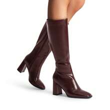 Women's Square Toe Gogo Boots Chunky Heel Classic Solid Color Knee High Boots With Side Zip Fashionable Tall Boots - 酒紅色 - 查看 10