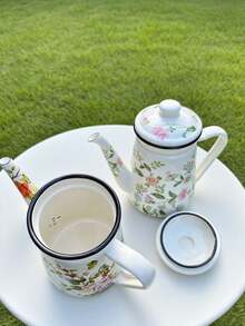 1pc/2pcs Colorful Enameled Coffee/Tea Pot, 1.2L Delicate Enamel Coffee Pot, Handle Pot Coffee Pot, Slim Spout Oil Pot Kettle, Family Boiling Pot, Tea Pot, Gift Pot For Home, Cafe, Party, Household Decor, Small Items Storage Bowl, Coffee Beans, Tea Leaves Storage, Tea Set Accessories, Thick Manual Tilting Water Pot, Floral Pattern Tea Pot, For Electric Or Gas Stove Coffee/Tea Brewing