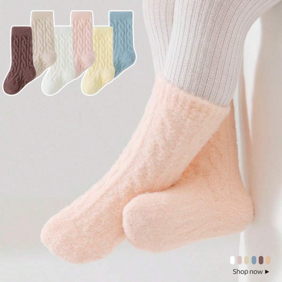 5 perechi de șosete mixte pentru nou-născuți, șosete groase și calde de iarnă pentru copii mici, șosete îngroșate până la jumătatea gambei pentru copii