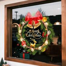 1pc 45cm*45cm Christmas Decoration, Includes Bells, Bows, Lights, Reindeer Combination Wreath Shape Christmas Sticker, Whole Sheet PVC Static Cling Film, Easy To Apply On Glass, Reusable Christmas Decor Christmas Decorations Room Decor Home Decor Wall Decor