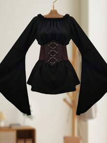 Women's Victorian Style Blouse - Long Sleeve Corset Top For Theme Parties - Black - View 3