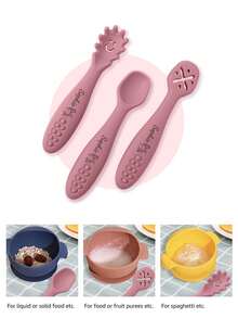 Juego de 3 piezas de vajilla para bebé con personalización de patrón y nombre, cuchara y tenedor de entrenamiento mini de silicona, herramientas de alimentación para bebé, artículos esenciales de vajilla - Multicolor - Ver 8