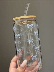 1pc 16oz Transparent Reusable Drink Cup With Bowknot Pattern, Comes With Bamboo Lid & Straw, Large Capacity Outdoor Travel Beverage/Juice Cup, Suitable For Summer & Winter, Birthday/Holiday Party/Christmas Gift, Glass Water Bottle