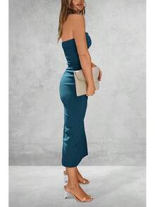 Women's Summer Bodycon Maxi Tube Dress Ribbed Strapless Side Slit Long Going Out Casual Elegant Party DressesHalloween Christmas New Year - 深藍色 - 查看 2