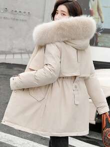 Parka de felpa con cordón en la cintura y capucha con cremallera, cálida chaqueta de invierno para mujer - Blanco - Ver 5