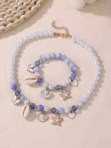 2pcs/Set Girls' Starfish, Shell, Heart, Butterfly & Pearl Beaded Necklace And Bracelet Set, Suitable For Vacation And Daily Decoration - Starfish Shell Necklace Bracelet Set - View 2