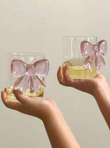 1pc INS风粉色超大蝴蝶结玻璃杯3D蝴蝶结玻璃杯家用下午茶咖啡杯果汁冷饮杯气泡水杯冰淇淋甜品杯早餐牛奶杯礼品杯 - 彩色 - 查看 4