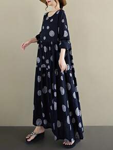 Bluzki, Długa sukienka jesienna, Długa sukienka w groszki, Codzienna sukienka w stylu boho na wakacje, Sukienka damska w rozmiarze plate, Jesienna sukienka plisowana z długim rękawem i okrągłym dekoltem (2025), Jedna sukienka, Losowy wzór