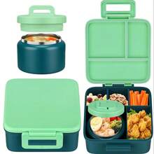 Lunch Box With 8oz Stainless Steel Food Jar, 1 Count Stylish Large Capacity Bento Lunch Box With 5 Compartments, Portable Leakproof Lunch Vegetable Container For School, Travel, Picnic, Dormitory, Best Friend Gifts, Egg Insulated Storage - 綠色 - 查看 3