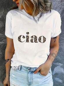 Women's Casual Short Sleeve Leopard Print Ciao Pattern Round Neck T-Shirt - Comfortable Loose Summer Top, Breathable And Machine Washable For Vacation Outfits, Medium Stretch Fabric
